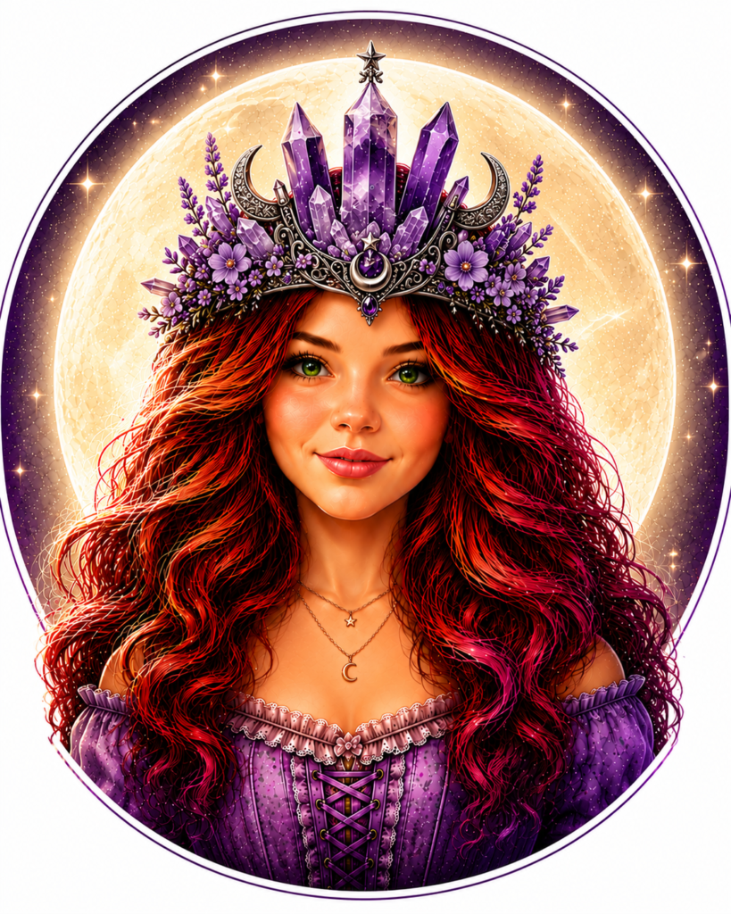 CraftWitched magical woman wearing a purple crystal and crescent-moon crown.